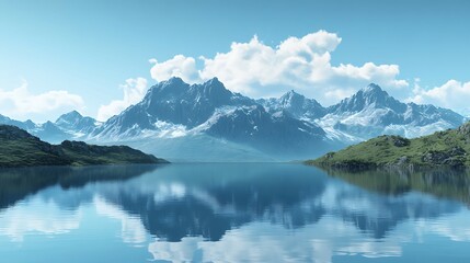 Mountain landscape with lake and sky reflected in water.