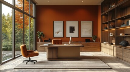 Fototapeta premium A sophisticated home office in light sienna tones with sienna-colored walls wooden furniture beige accents and natural lighting creating an inviting and modern space 