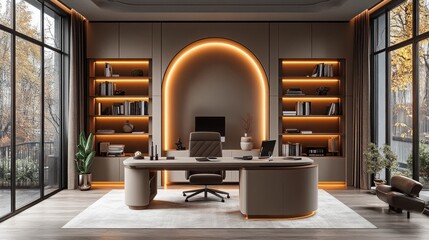 A sophisticated home office in taupe tones with taupe walls a sleek desk beige decor minimalist shelving and soft warm lighting creating a serene and focused space 