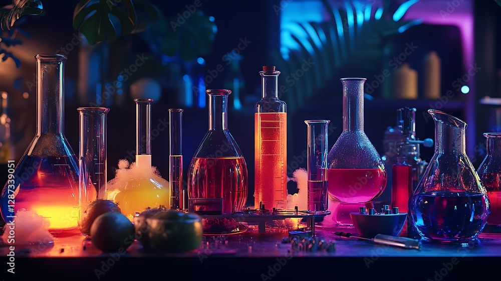 Poster science lab experiment with colorful liquid in beakers and flasks
