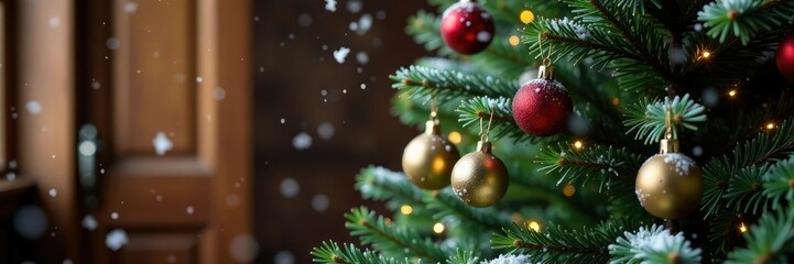 Obraz premium A Christmas tree in front of a wooden door with snowflakes falling gently, evergreen, ornament