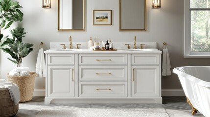 Elegant White Double Vanity Bathroom with Gold Accents and Freestanding Tub