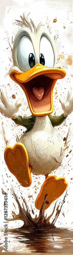 Aufkleber exciting duck character jumping in mud puddle animated scene fun environment playful view joyful con