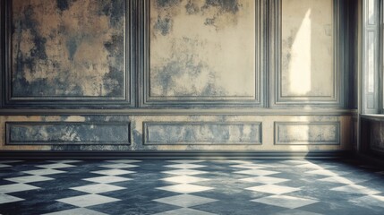 Vintage Room Interior with Textured Walls and Checkered Floor