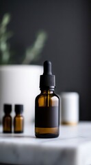 Elegant Amber Glass Dropper Bottle on Marble Surface with Plants