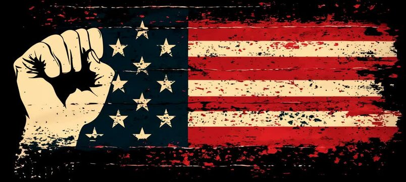 Fist hand and America flag symbol. Strength protest demonstration movement symbol. Generative video AI technology.	
