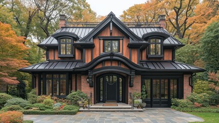 Elegant two-story house with dark trim, brick facade, and autumn foliage.