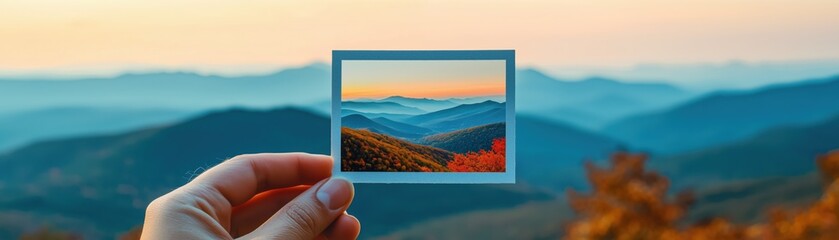 Hand holding Polaroid photo of mountain sunset