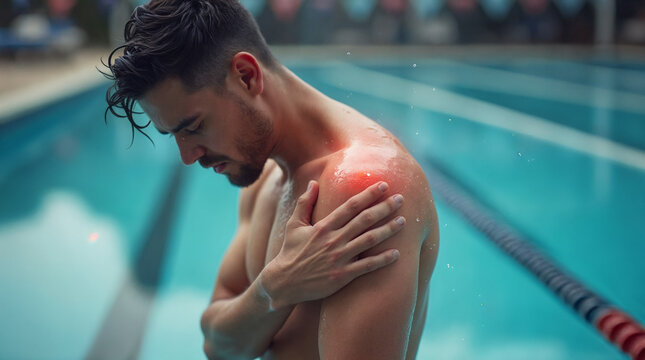 Nadador con dolor en el hombro despu&eacute;s de nadar en la piscina.
