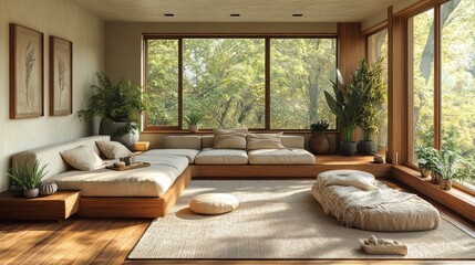 Fototapeta premium A warm Nordic Kimju living room with wooden furniture, soft beige cushions, ambient lighting, potted plants, a cozy throw blanket, and a textured rug