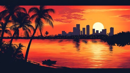 Fototapeta premium Sunset Over A Tropical City Skyline Reflected In Rippling Water. Palm Trees Frame The Vibrant Scene.