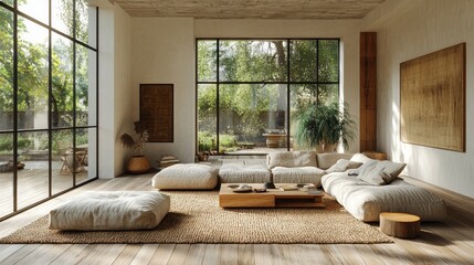 Fototapeta premium An open-concept Nordic living room with soft beige furniture, wooden floors, a textured rug, and soft golden sunlight streaming in through large windows