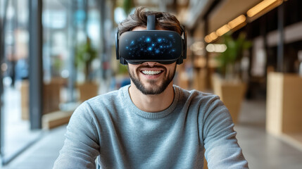 Immersed in high tech virtual reality experience, man smiles joyfully