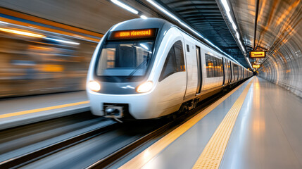 Naklejka premium subway train speeding through dimly lit tunnel, creating sense of motion and excitement