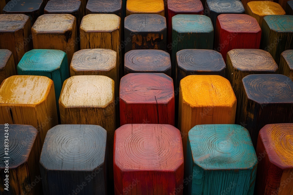 Poster colorful wooden blocks arranged in a geometric pattern with vibrant hues and rustic texture