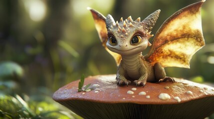 Adorable baby dragon perched on a mushroom in a sun-dappled forest.