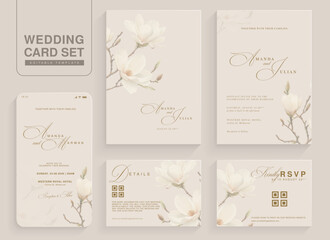 Set of Aesthetic Wedding Invitation Template with White Flower Arrangement