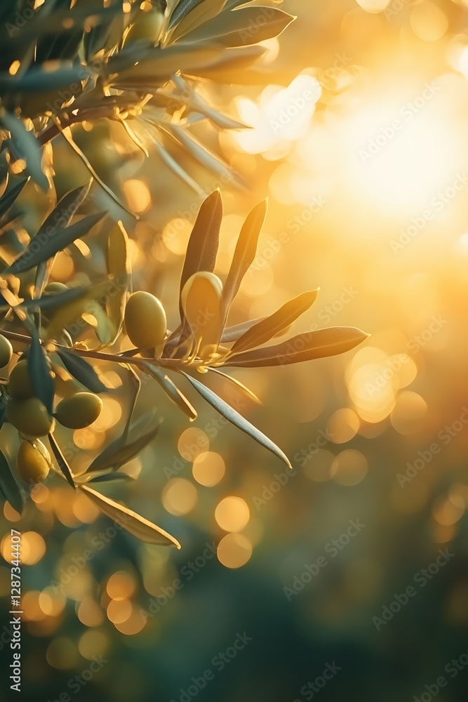 Aufkleber olive branch at sunset with bokeh lights creating a warm and inviting atmosphere in nature