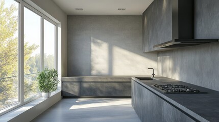 Modern kitchen with concrete walls and a large window
