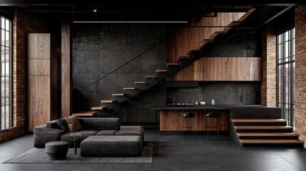 Modern loft apartment interior design, kitchen, stairs