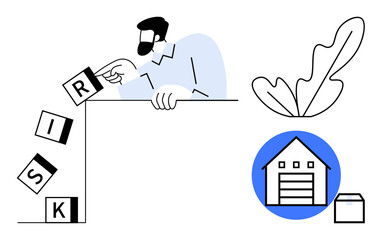Man placing R block to form word RISK, blocks tumbling. House icon, leaf, box nearby. Ideal for risk management, safety, stability, home security decision making hazard assessment investment
