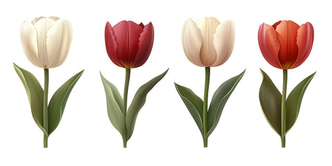 Fototapeta premium Four beautiful tulips in red and white displayed on a black background.