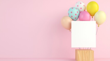 Blank Invitation Mockup with Colorful Balloons on Pastel Background