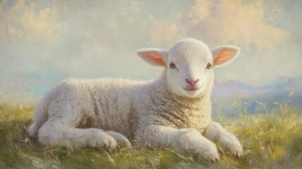 Naklejka premium Sweet lamb resting in a field of grass under a soft sky.