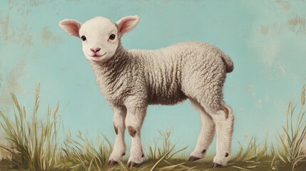 Adorable lamb standing in a field of grass against a light blue sky.