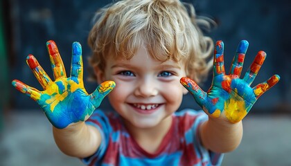Child painting, smiling, happy hands, outdoors, play