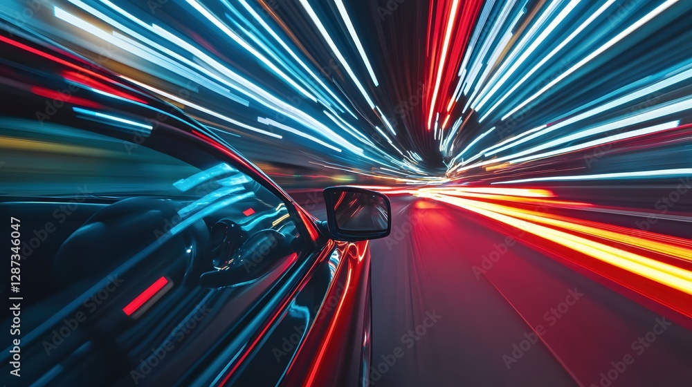 Poster car speeding through a tunnel of light trails creating a sense of motion and speed adventure