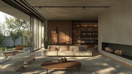 Obraz premium Modern Living Room With Fireplace And Garden View.