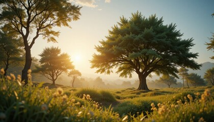 Obraz premium Sunrise Meadow Landscape: Golden Sunlight Through Trees
