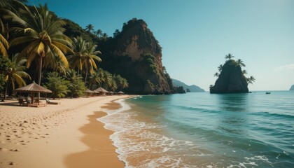 Naklejka premium Tropical Beach Scene with Palm Trees and Rocky Outcroppings
