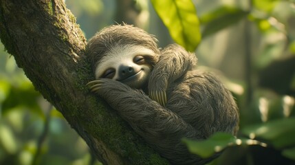 Naklejka premium Sweet Dreams! This adorable sloth is napping peacefully in its treetop home.