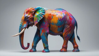 Obraz premium Vibrant Pixelated Elephant in Walking Pose Against Gray Background