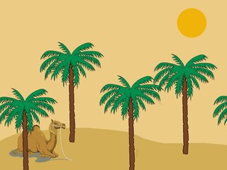A Camel in the desert and surrounded by date palms