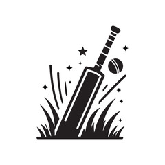Cricket Bat with Ball in Grass Icon Vector | Sports Silhouette Illustration