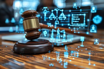 Gavel on wooden desk with digital legal icons.