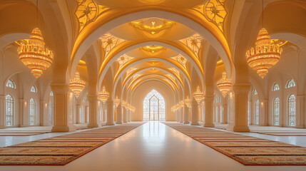 Obraz premium Grand Mosque Interior Golden Light And White Pillars (Interior) Architecture Image Displaying Religious Design Features. Worship Area With Prayer Rugs, And Ornate Details. Crystal Chandeliers In