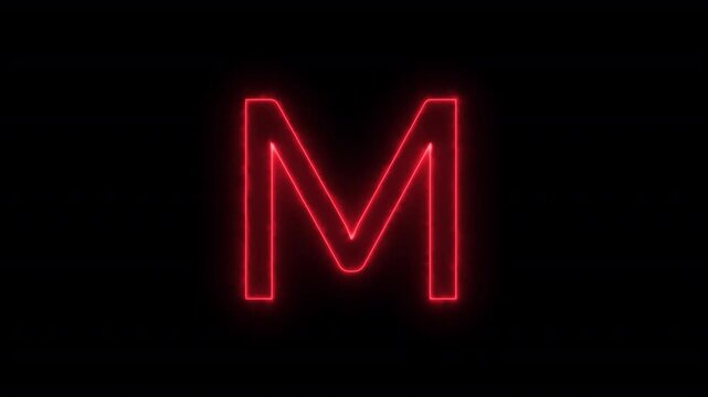 Animated neon letter M, trendy glowing loop neon alphabet letter M, Bright neon glowing light red letter M, Seamless looping animation on black background.