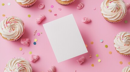 Mockup Card Nestled Among Cupcakes and Confectionery Treats