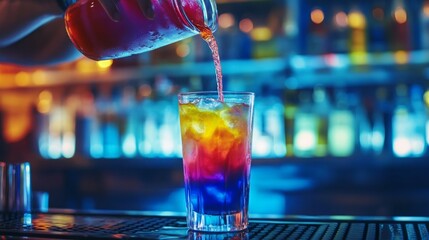 Bartender pouring a vibrant layered cocktail.  Rainbow hues shine in this colorful drink.