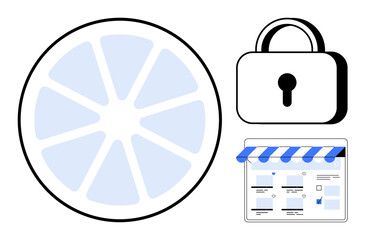 Focus on a padlock, segmented chart, and a storefront webpage. Ideal for privacy, data protection, information security, cybersecurity, e-commerce encryption secure transactions. Abstract line flat