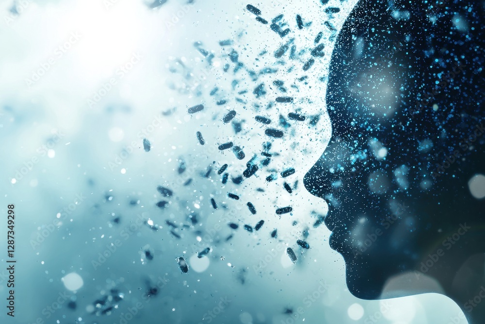 Poster a silhouette of a face dissolving into particles, evoking themes of transformation and introspection