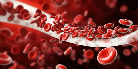 Fototapeta premium A dynamic illustration of red blood cells flowing through a blood vessel, showcasing the vibrant colors and movement of the circulatory system.
