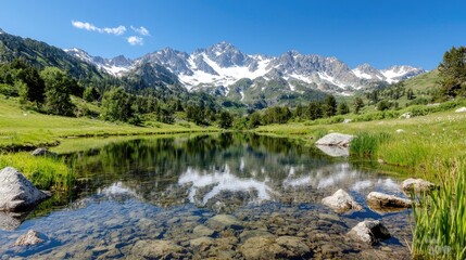 Mountain lake reflecting peaks, serene summer landscape, tranquil scene, nature background