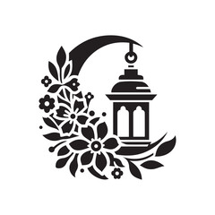 Floral Moon With Lantern Silhouette Vector Art & Illustration
