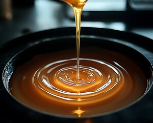 Amber liquid pouring into a dark bowl, creating concentric circles.