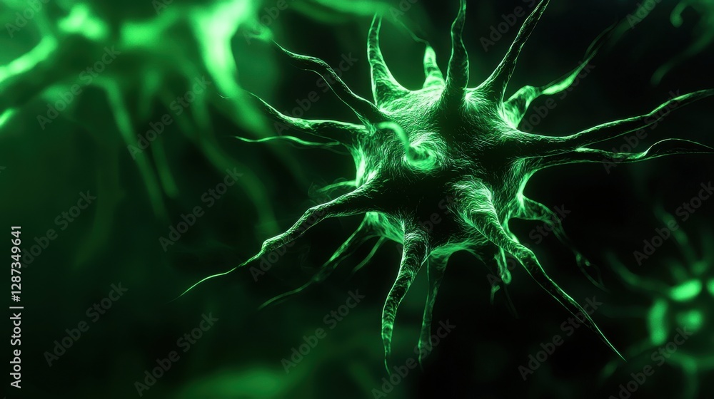 Poster a close-up view of a glowing green cell, showcasing its intricate structure and extending filaments,